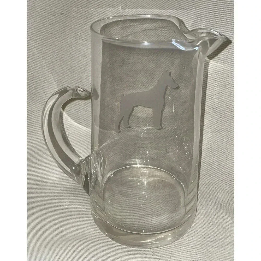 Doberman Pincher Etched Glass Pitcher With Handle Dog‎ Puppy 8 Inch Tall